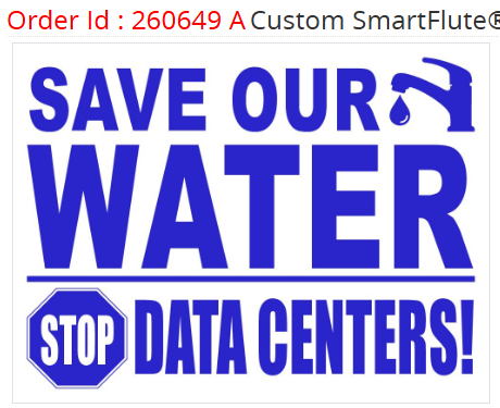 Save our water. Stop data centers! Blue lettering on white with a faucet and a stop sign.